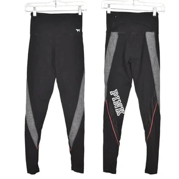 Victoria's Secret PINK Black High Waisted Black Grey Yoga Leggings Logo XS - Picture 1 of 8